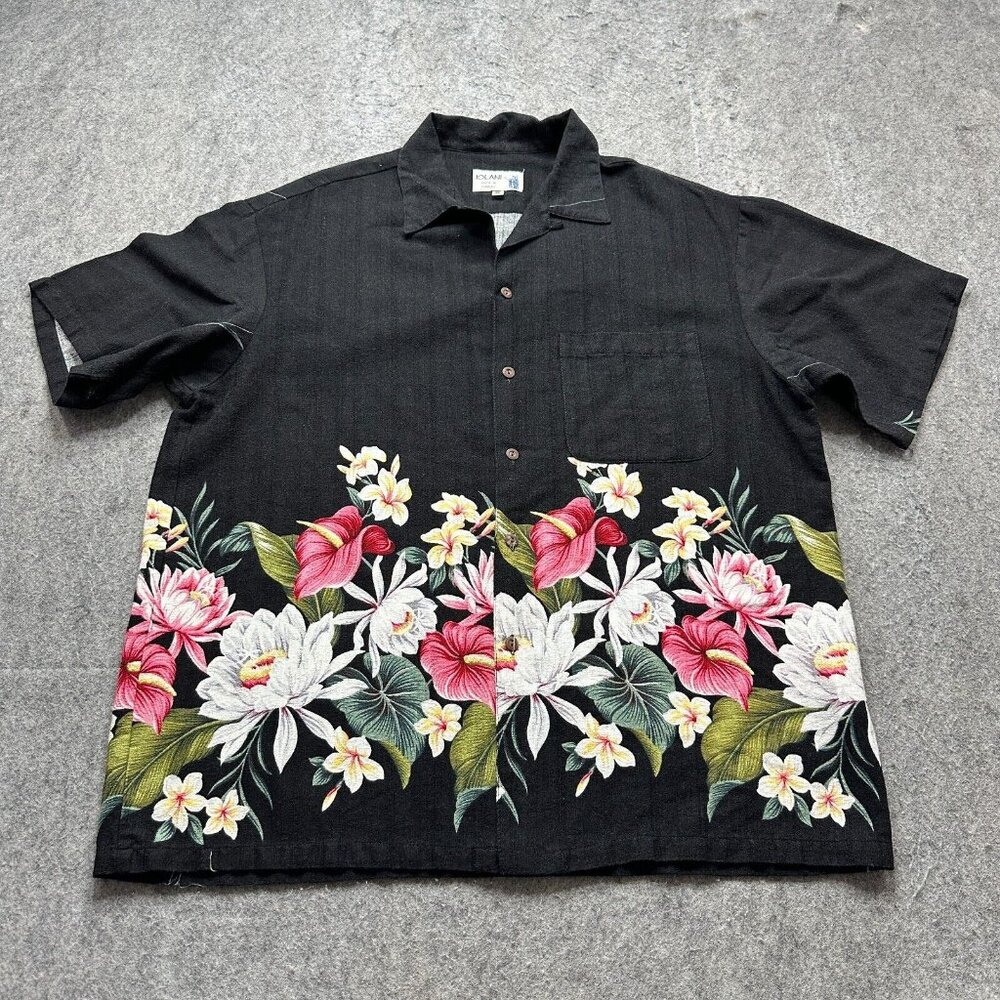 Vintage Iolani Hawaiian Aloha Shirt Men XL Black Floral Hawaii USA